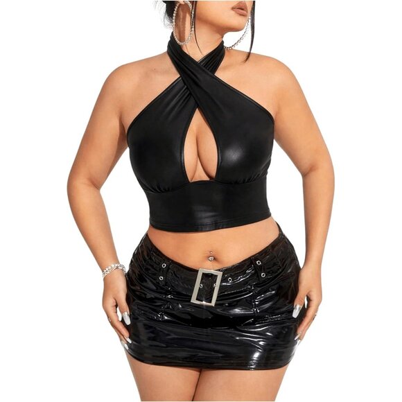 Plus Size Women's Leather Criss Cross Crop Halter Top Backless Fashion - Picture 5 of 6